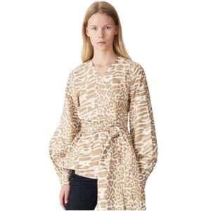 GANNI Animal Print Long Puff‎ Sleeve Wrap Top sz 0 New without tags